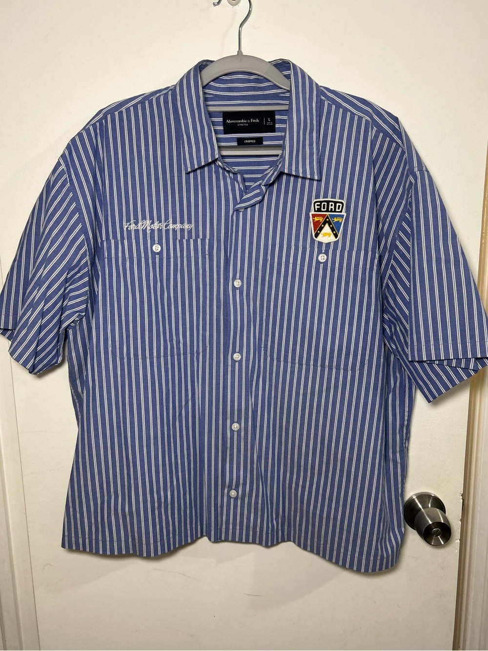 Abercrombie & Fitch Ford Motor Co striped short sleeve button up shirt  
w patch